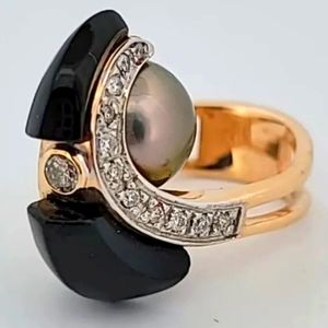 Diamond Pearl Onyx 14k Gold Ring Estate 15g